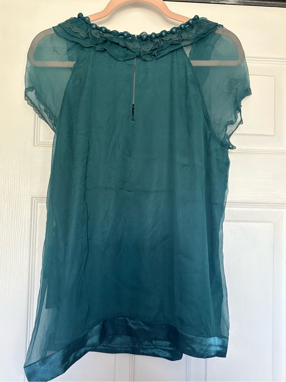 Willi Smith Teal Silk Ruffle Neck Cap-Sleeve Blouse - Picture 6 of 8